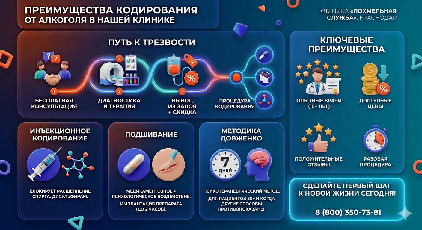 Инфографика о методах кодирования от алкоголя в Завьялово: инъекции, подшивание, метод Довженко. Преимущества клиники и этапы лечения.
